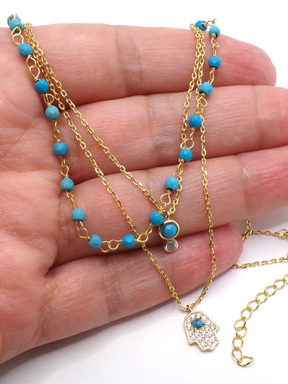 Gold Plated Sterling Silver Evil Eye Layered Necklace Turquoise & Cubic Zirconia